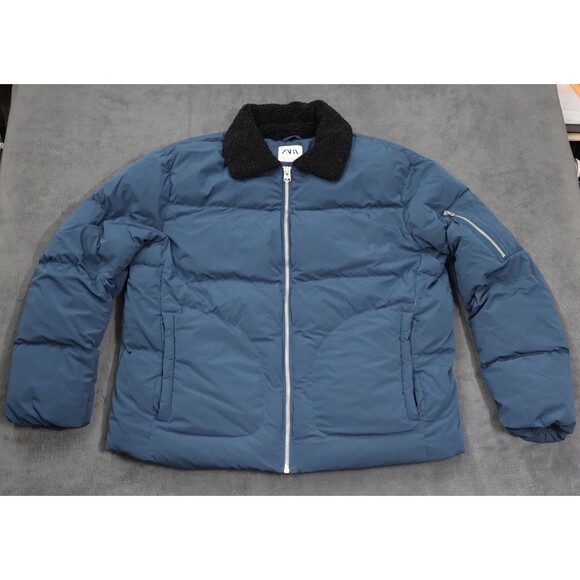 Zara Other - Zara Mens Puffer Bomber Jacket XL Blue Sherpa Lined Collar Full Zip Coat
